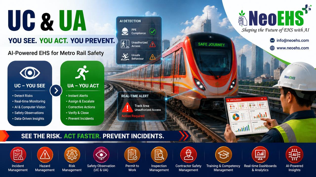 NeoEHS AI-powered Metro Rail safety solution showing UC You See and UA You Act for predictive railway safety