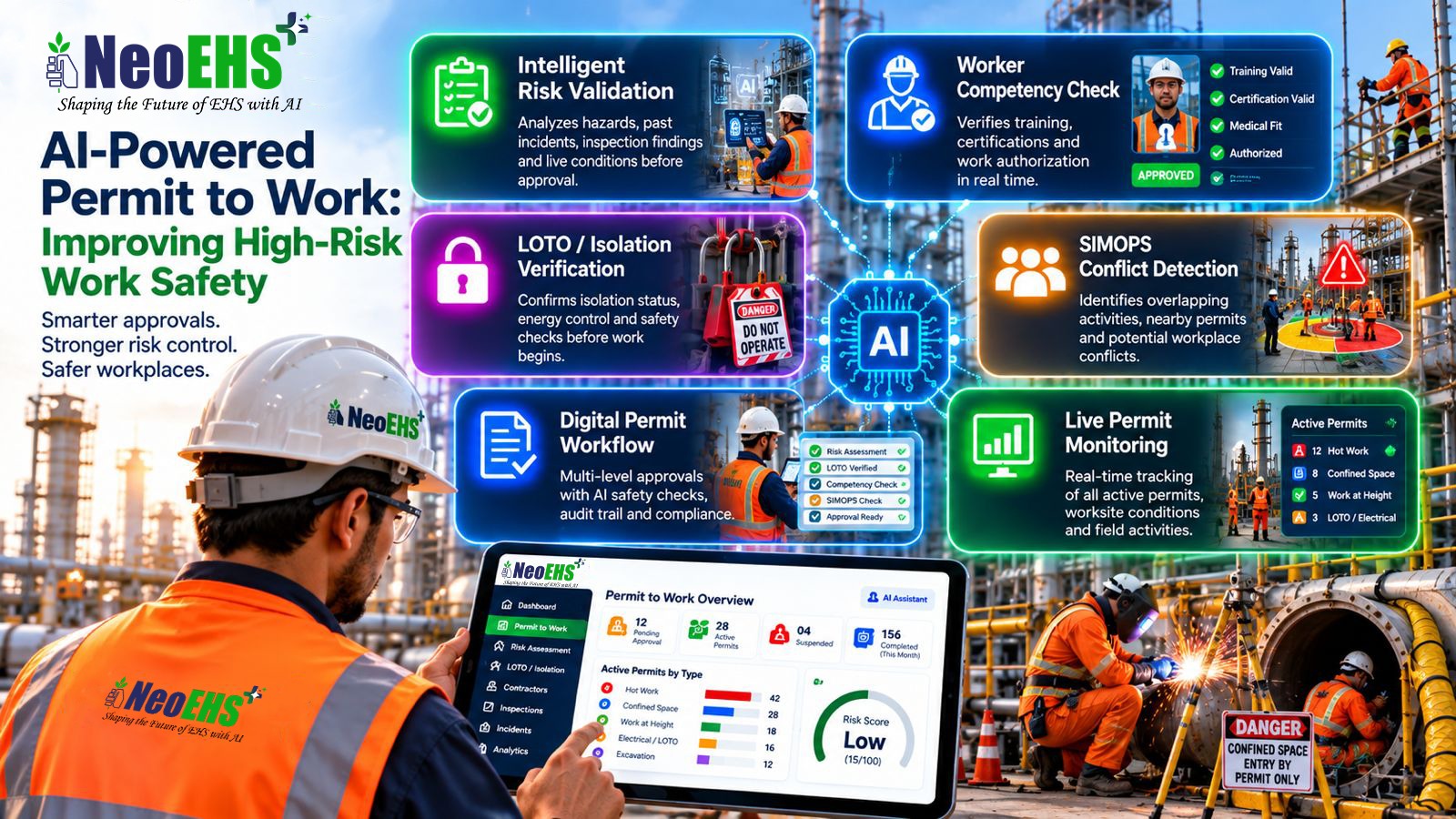 EHS professional using NeoEHS AI-powered Permit to Work software to manage high-risk work safety