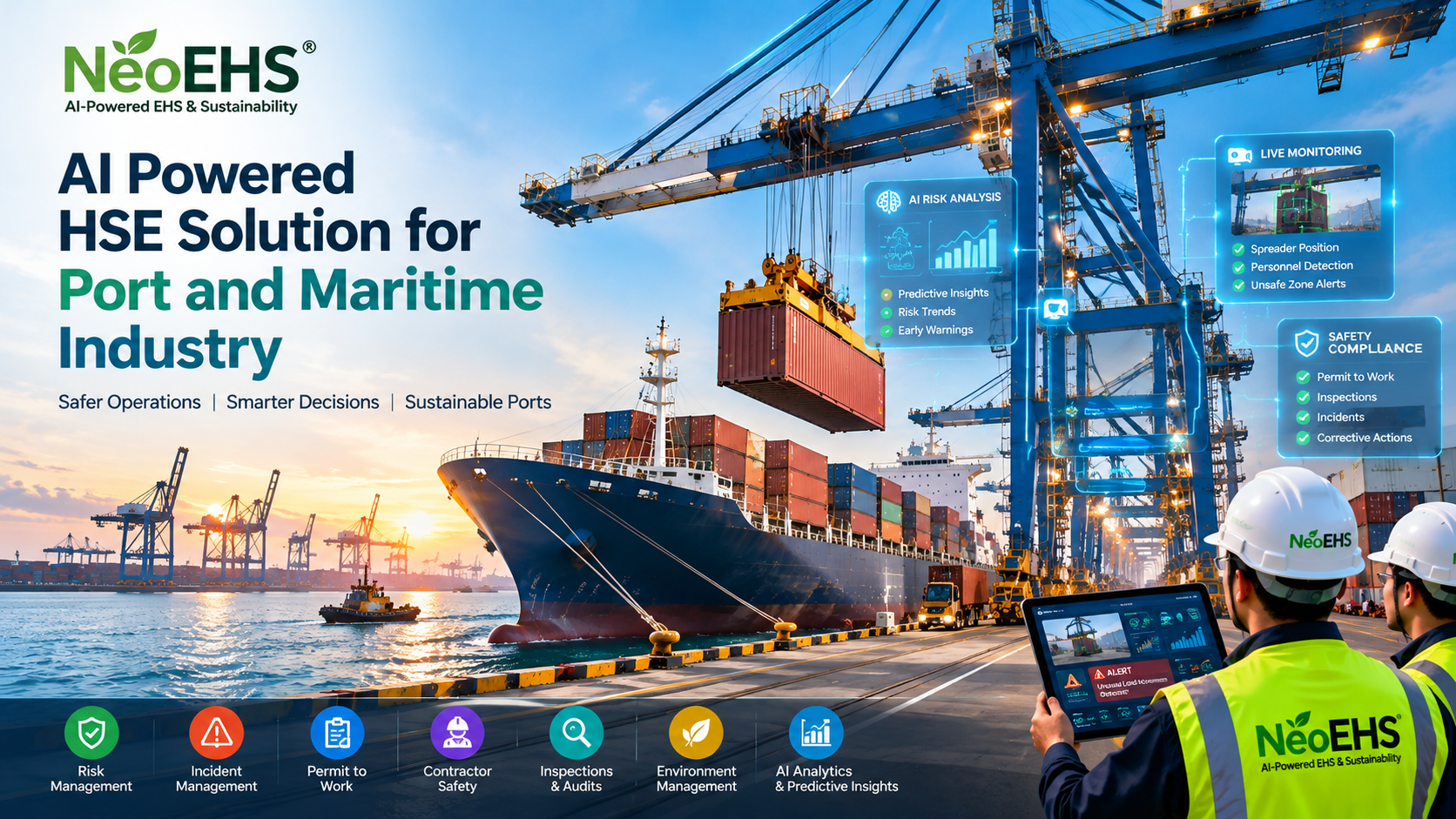 Ship-to-shore container crane lifting a shipping container beside a cargo vessel at a busy maritime terminal