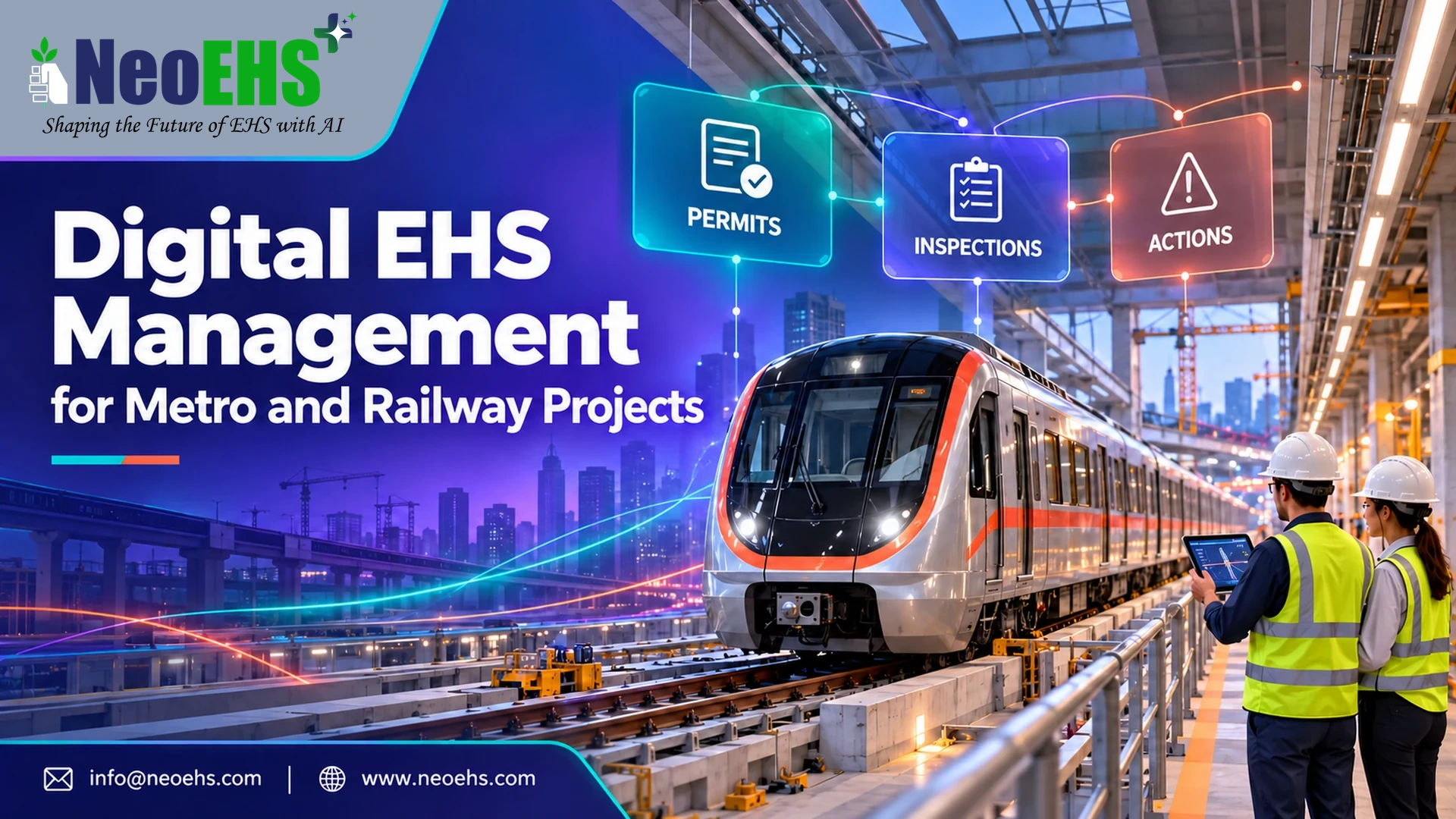 Metro train and engineers using a tablet beside digital permit, inspection and action panels in a railway depot.