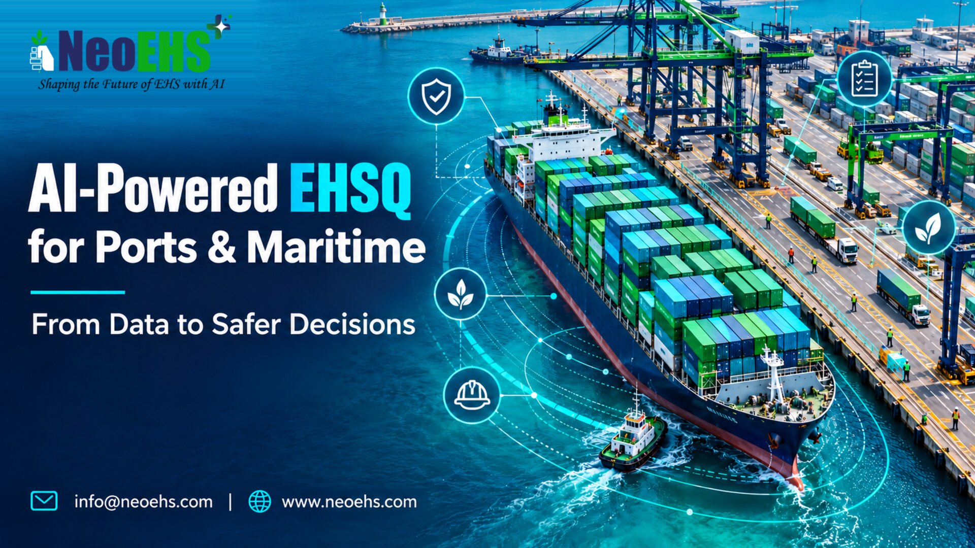 Container ship and cranes with digital safety overlays illustrating NeoEHS AI-powered EHSQ for ports and maritime.