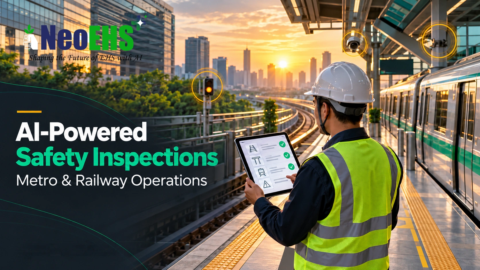 Railway safety inspector using a tablet beside a metro train at a station, with illustrated inspection markers.
