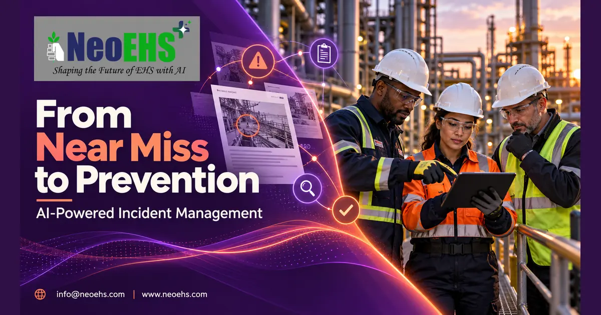 Safety professionals review a tablet at an industrial facility in a NeoEHS banner about near-miss prevention and AI-powered incident management.