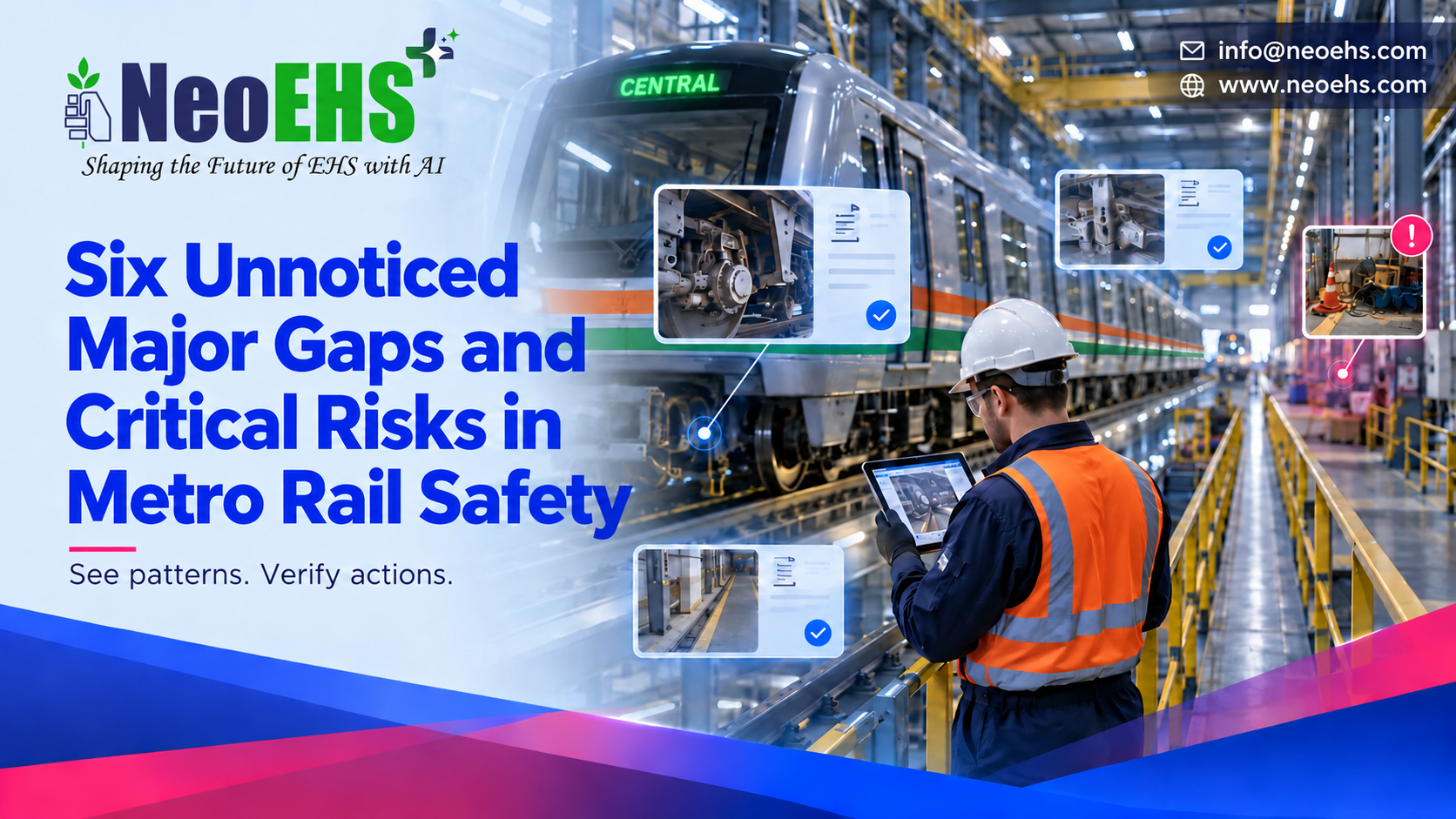 NeoEHS banner showing a metro depot inspector with a tablet and visual markers highlighting an obstructed walkway.