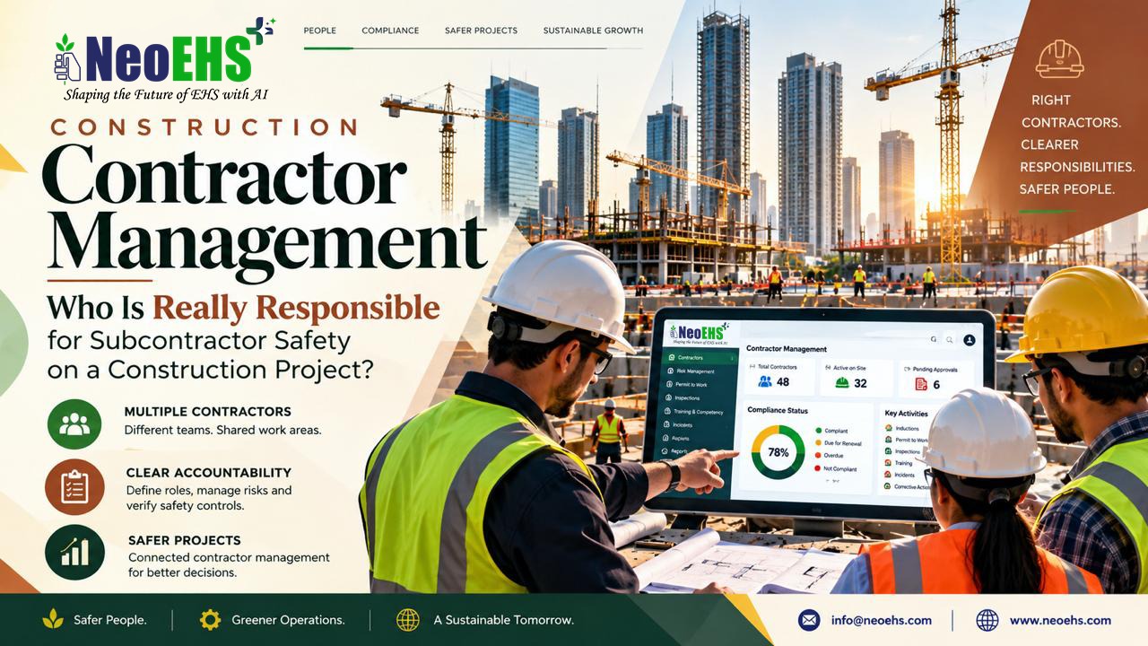 Construction contractor safety management at a high-rise project with subcontractor supervisors, digital safety dashboard and NeoEHS software
