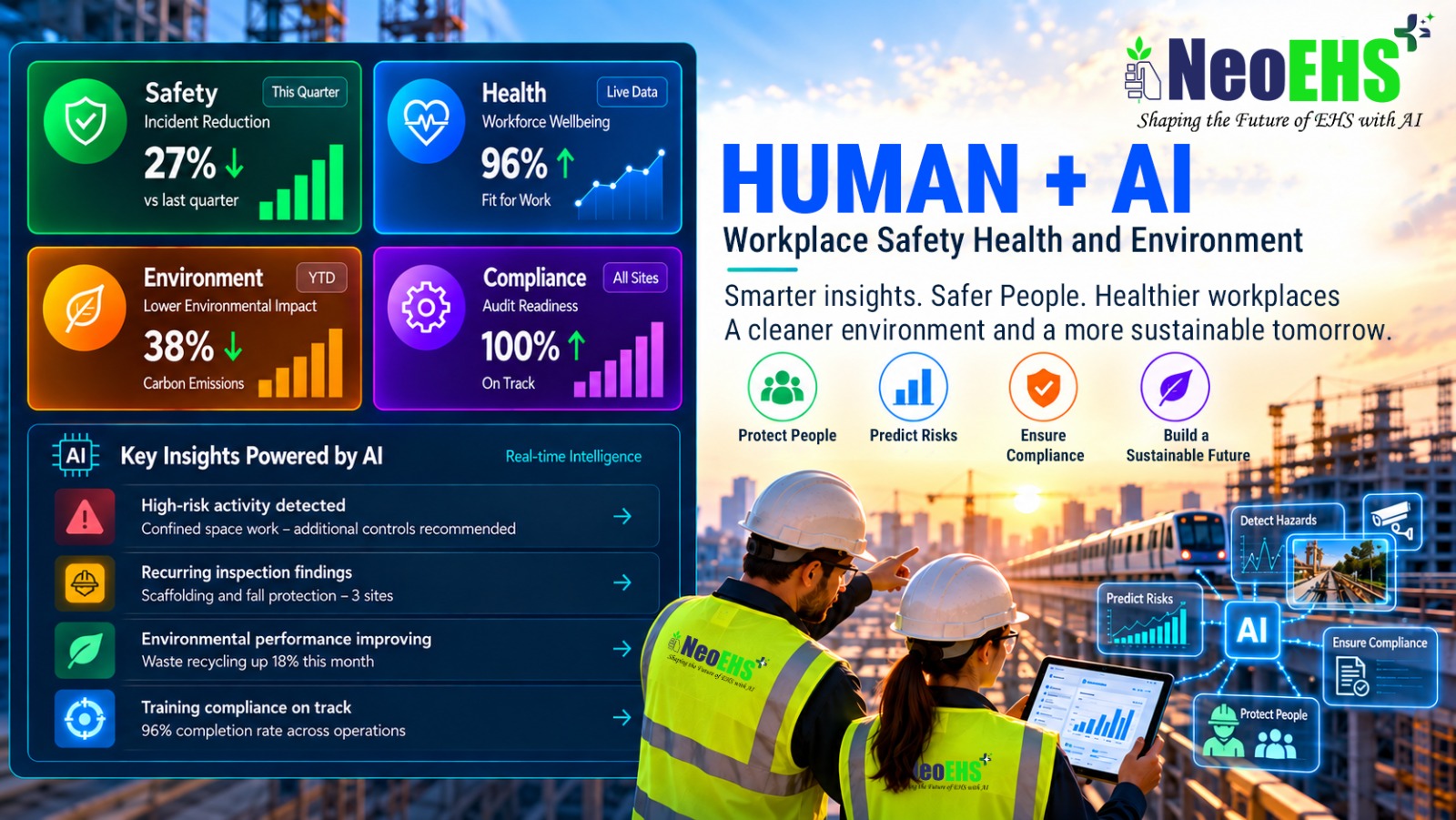 Two workplace safety professionals reviewing a digital EHS dashboard beside an AI intelligence visualization at a construction site