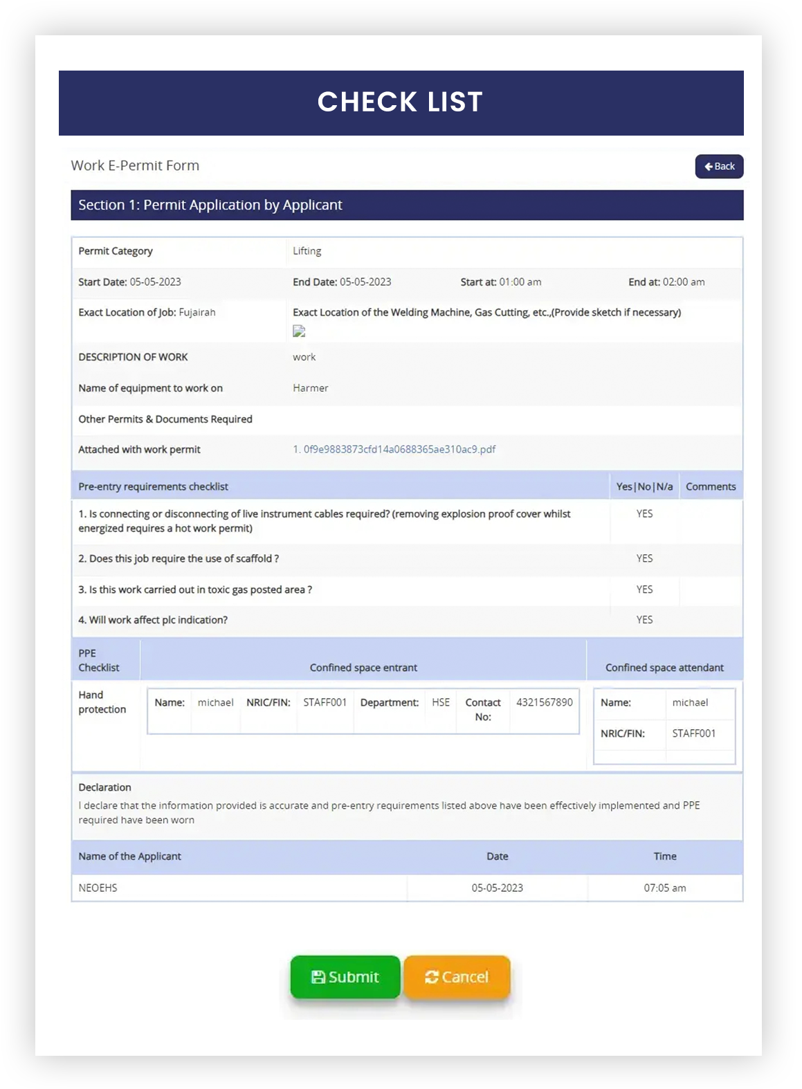 Cold Work Permit Checklist