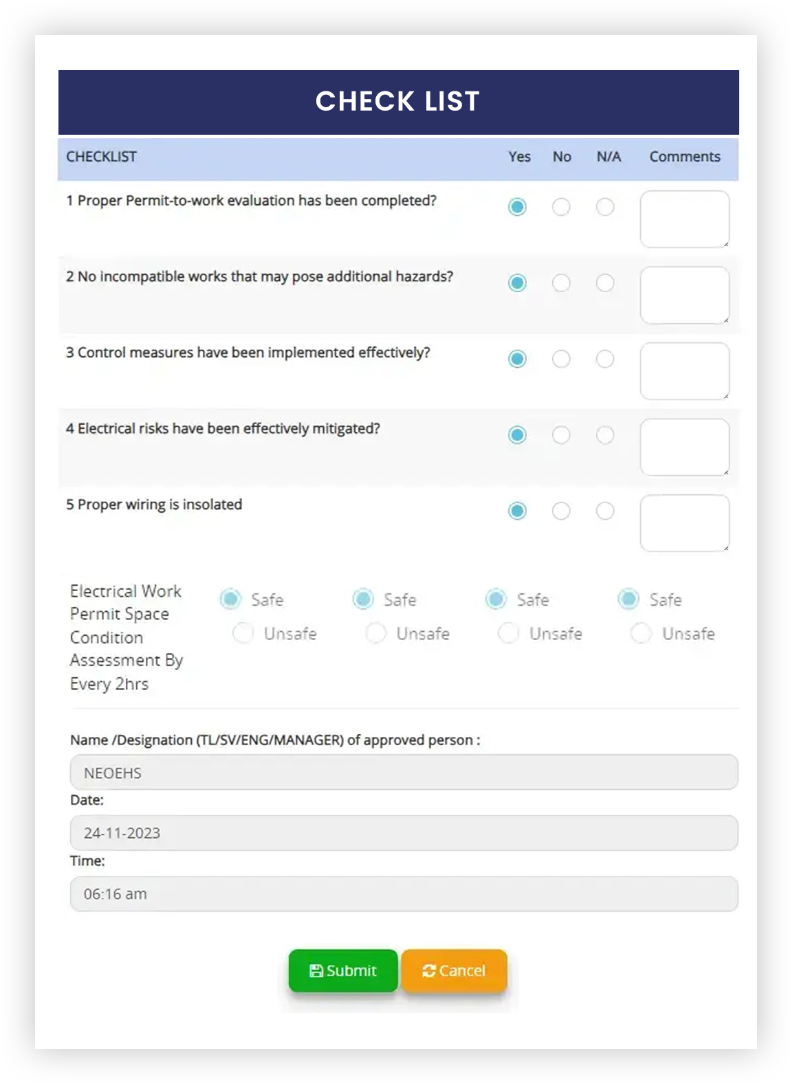 Precautions Checklist