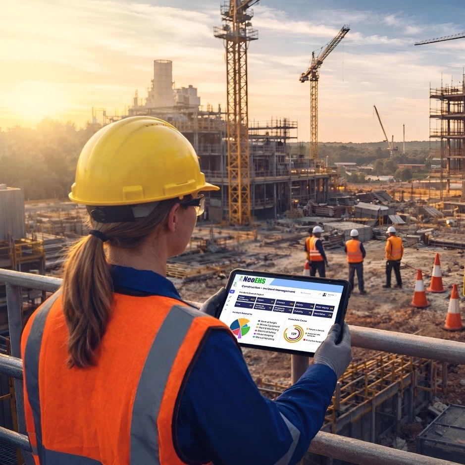 AI-powered EHS analytics dashboard showing real-time safety insights, risk prediction and compliance metrics
