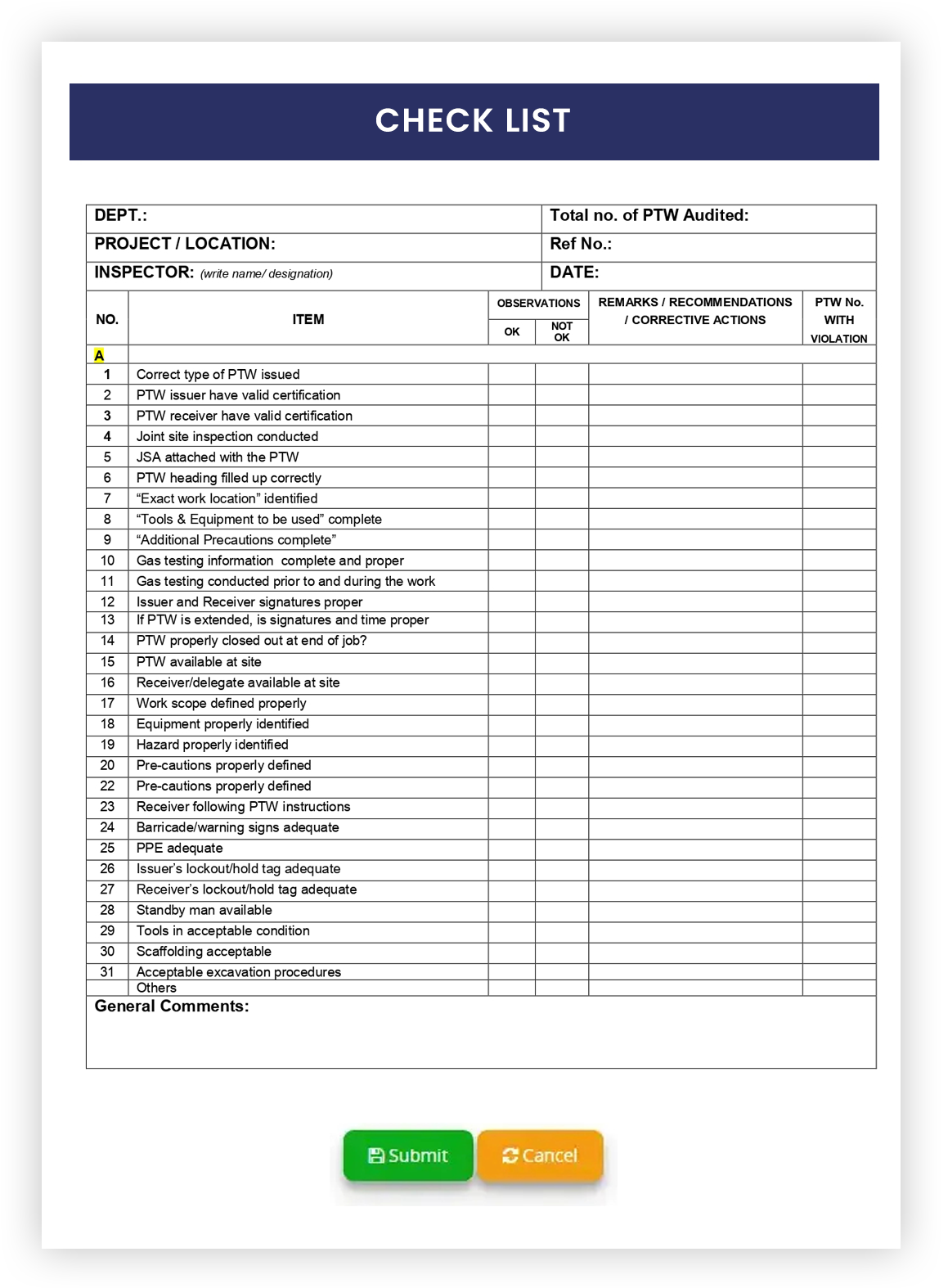 Precautions Checklist