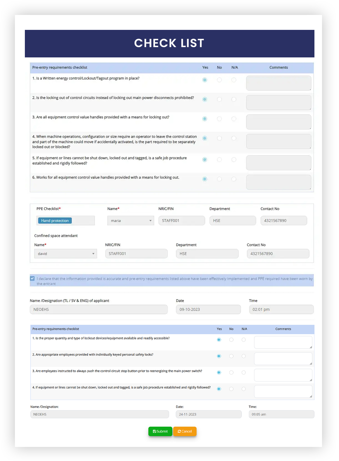 Precautions Checklist