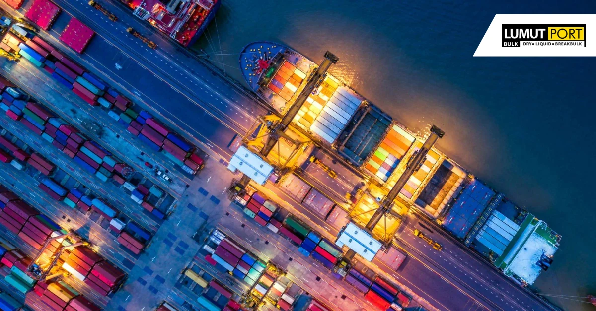 Port with ships and containers on the waterfront