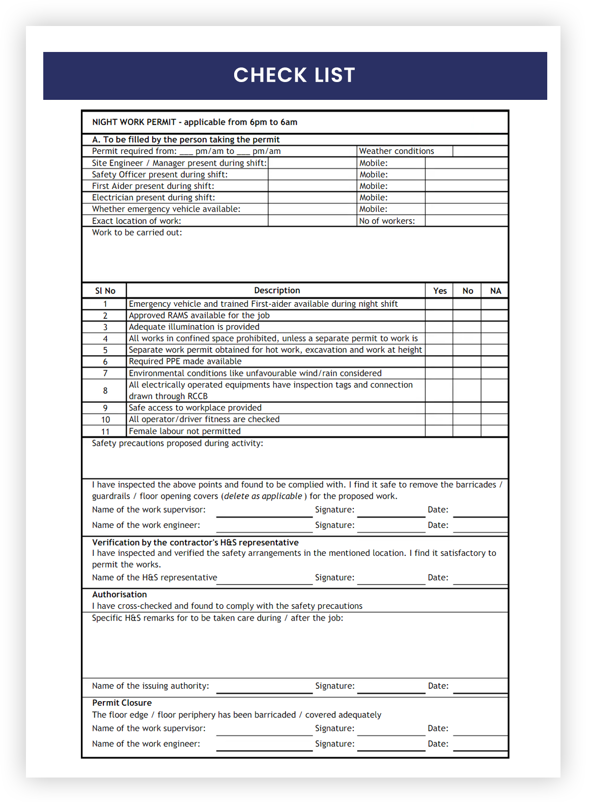 Precautions Checklist